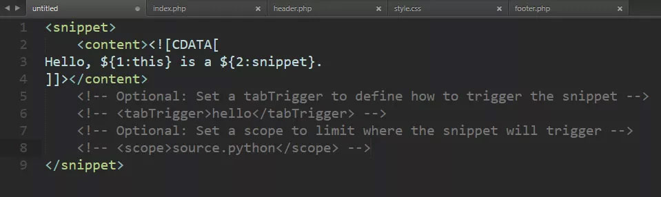 Шаблон в инструменте Сниппеты Sublime Text